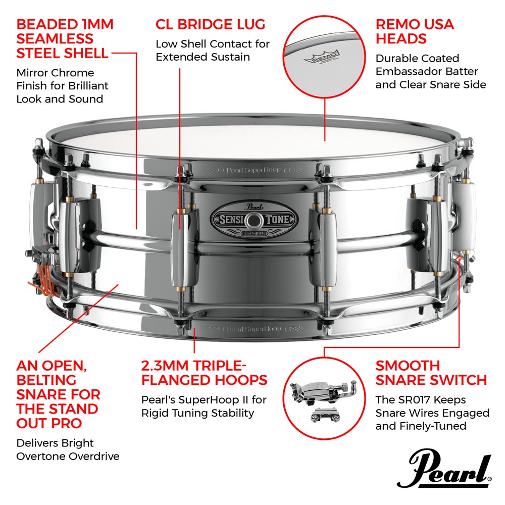 Pearl Sensitone Heritage Alloy Steel 14x5 Snare Drum - World of