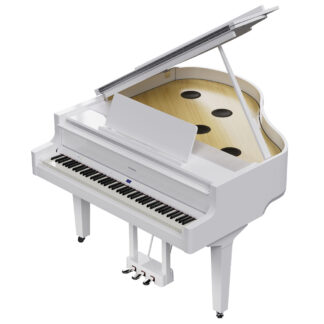 Roland GP9PW Grand Piano - Polished White W/Piano Bench Angle Above