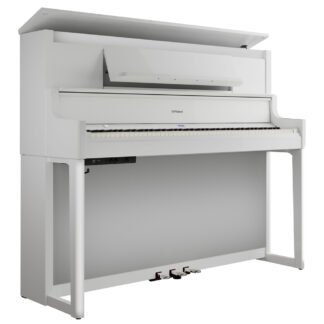 Roland LX9PW Digital Piano Polished White W/Piano Bench Angle