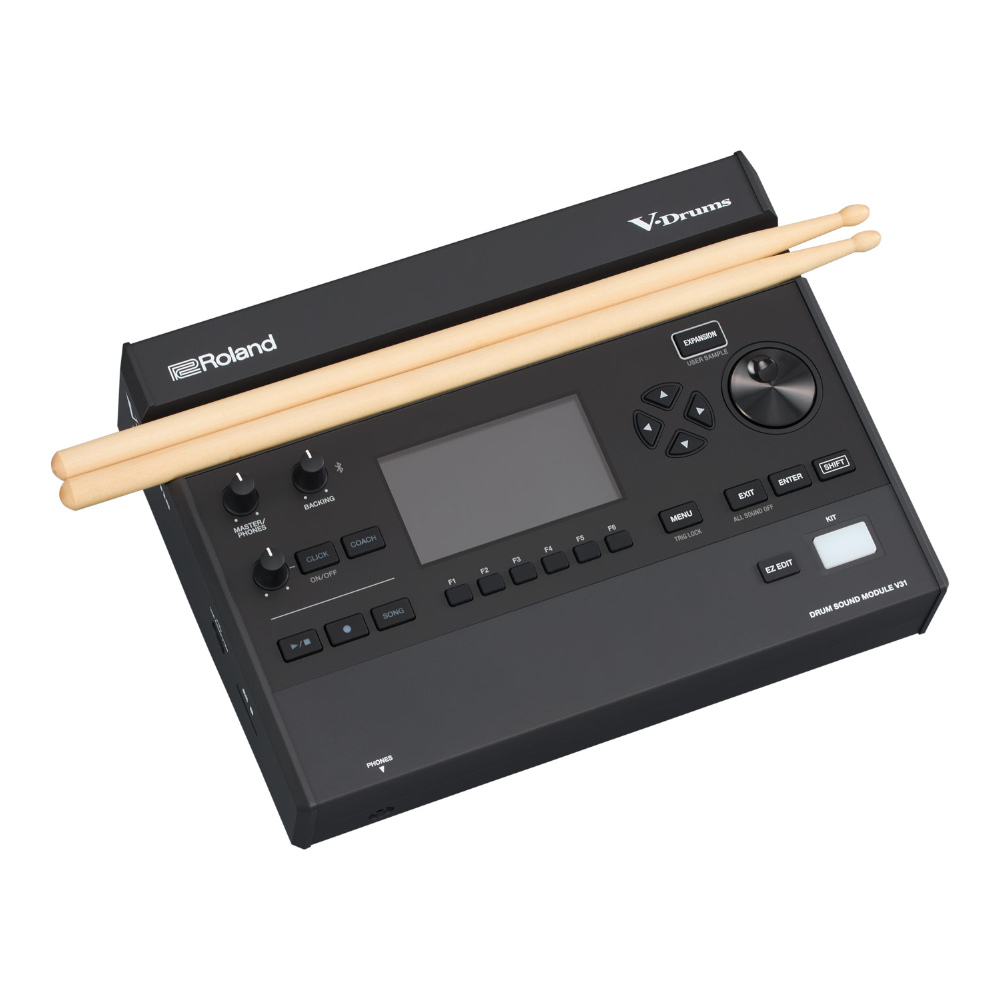 Roland V31 Drum Sound Module Top View with sticks